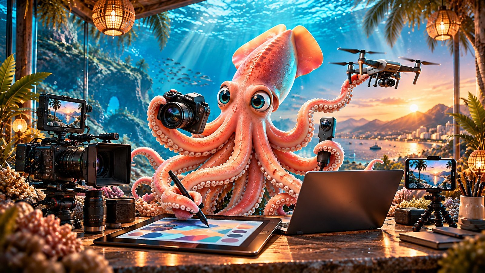 Calamar Agency, advertising and creative agency in Puerto Vallarta: the brand's squid works with a cinema camera, photo camera, drone, 360° camera, design tablet and laptop in front of Banderas Bay, showing the audiovisual production, photography, aerial shots and design we do in-house.
