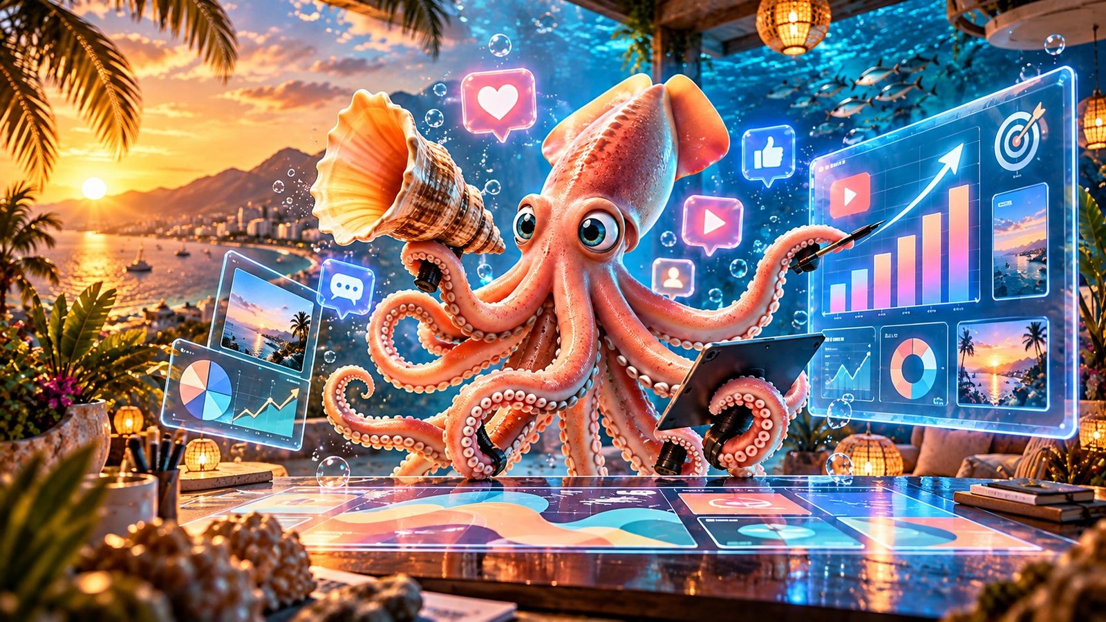 Calamar Agency, advertising agency in Puerto Vallarta: we create, innovate and transform your digital presence with digital marketing, social media, advertising, design and strategy for brands in Puerto Vallarta and Riviera Nayarit. Squid surrounded by charts and digital content.