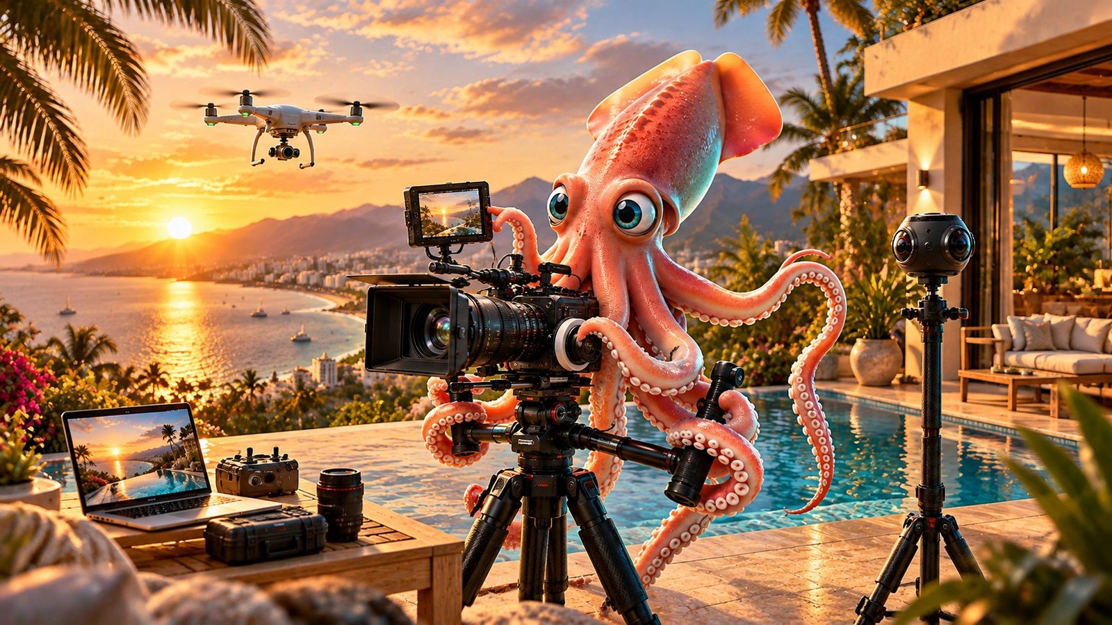 Calamar Agency, advertising agency in Puerto Vallarta: all the visual content for your property in a single visit, with real estate photography, video, drone aerials and a 360° virtual tour in Puerto Vallarta and Riviera Nayarit. Squid photographing a villa with a pool.