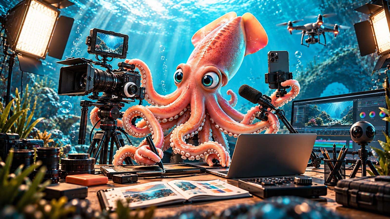 Calamar Agency, advertising agency in Puerto Vallarta: everything produced in-house with our own video, photography, drone, 360° camera, lighting and professional editing gear for businesses in Puerto Vallarta and Riviera Nayarit. Squid in its production studio.
