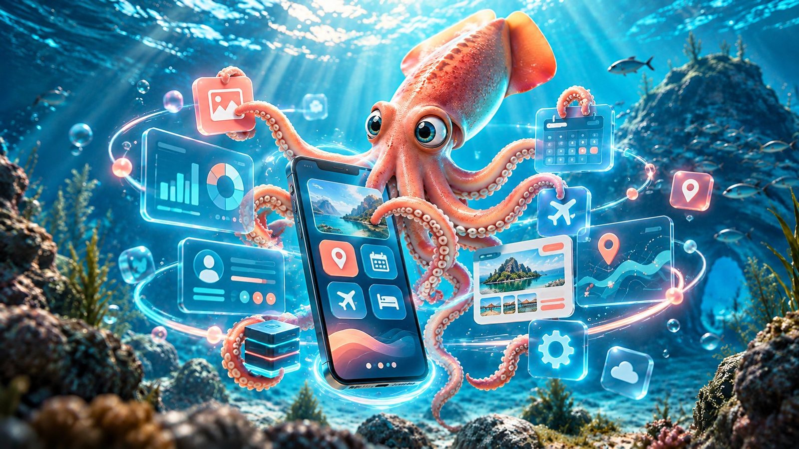 Calamar Agency, advertising agency in Puerto Vallarta: custom app development, web platforms, booking systems, CRM and AI-powered software for businesses in Puerto Vallarta and Riviera Nayarit. Squid building a holographic app.