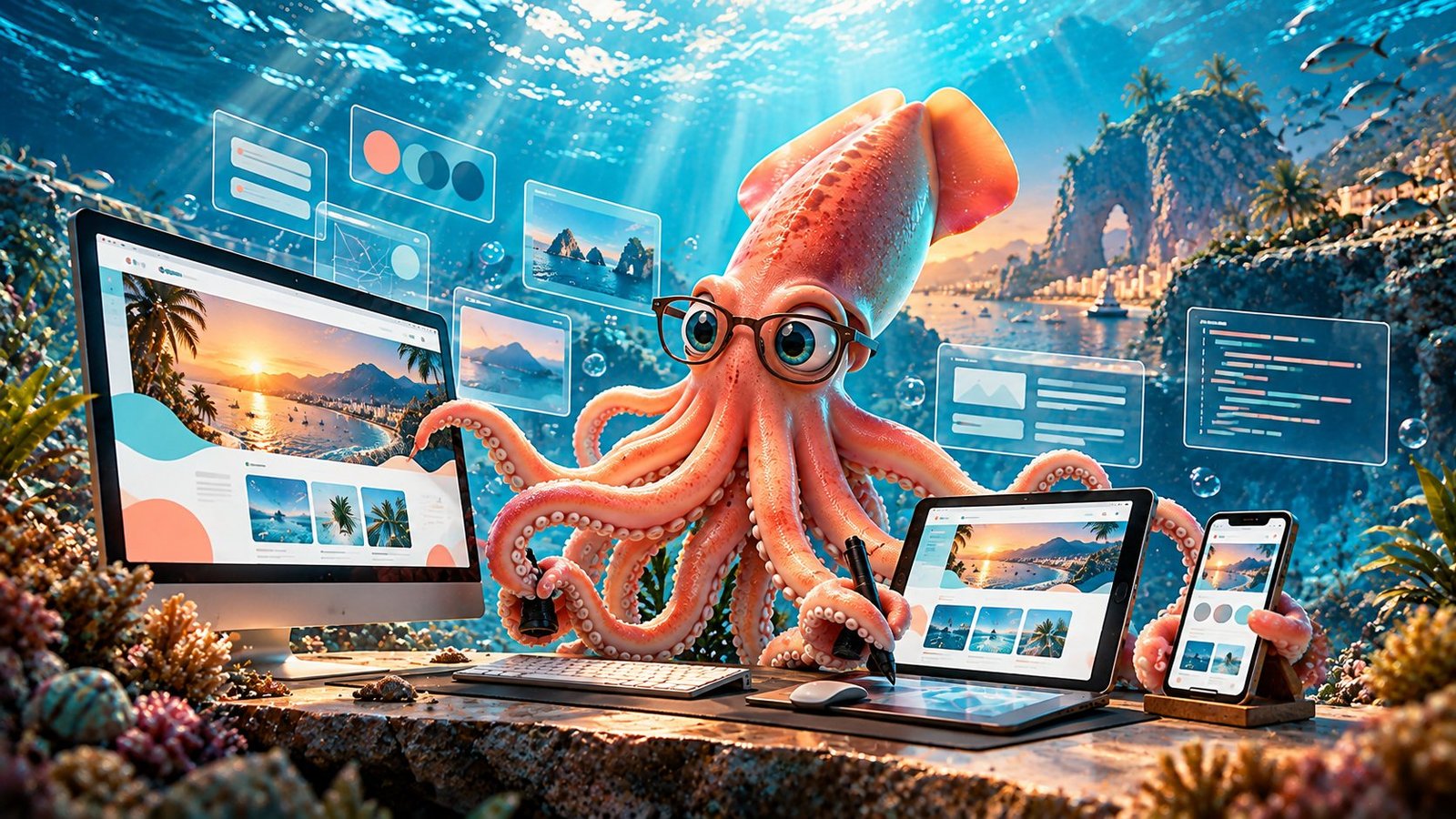 Calamar Agency, advertising agency in Puerto Vallarta: web design and development of fast, bilingual, SEO-ready, mobile-friendly websites for hotels, real estate, restaurants and businesses in Puerto Vallarta and Riviera Nayarit. Squid coding on several monitors.