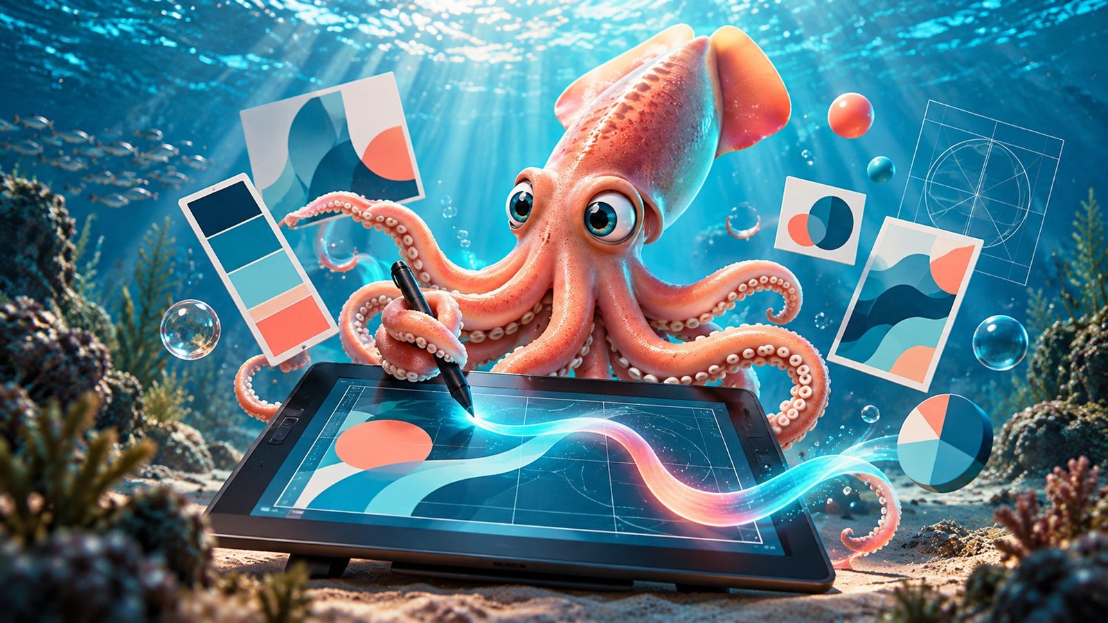 Calamar Agency, advertising agency in Puerto Vallarta: graphic design and branding. Logo design, corporate identity, brand guidelines, color palettes and advertising pieces for businesses in Puerto Vallarta and Riviera Nayarit. Squid designer drawing on a digital tablet.