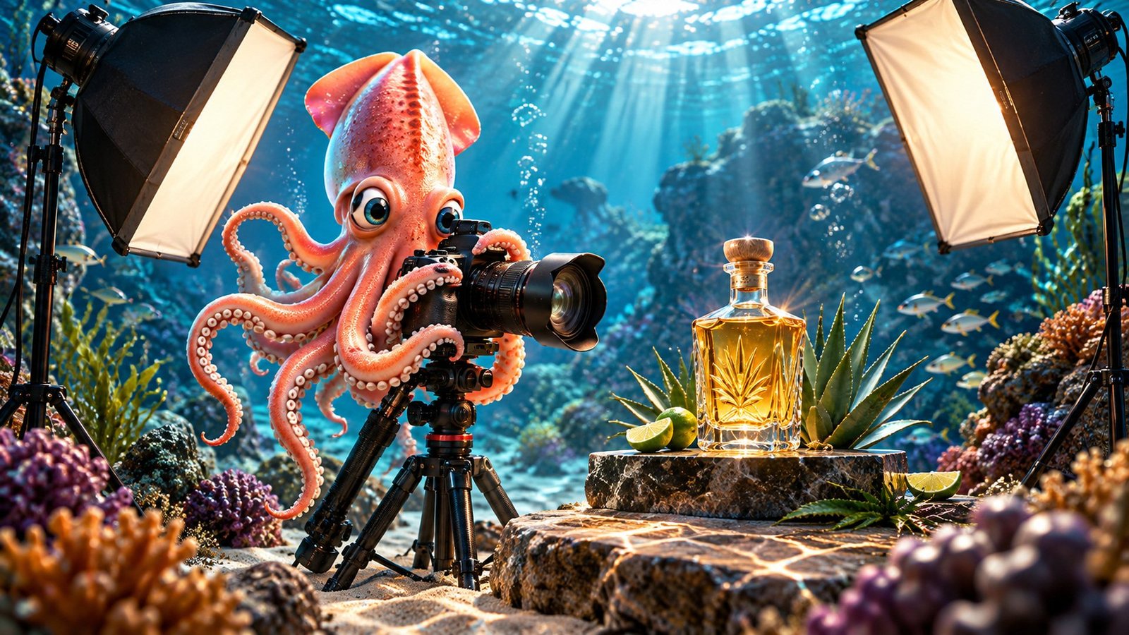 Calamar Agency, advertising agency in Puerto Vallarta: commercial and product photography. Professional studio advertising photography for brands, restaurants, tequila, crafts and online stores in Puerto Vallarta and Riviera Nayarit. Squid photographer with a DSLR and studio lights.