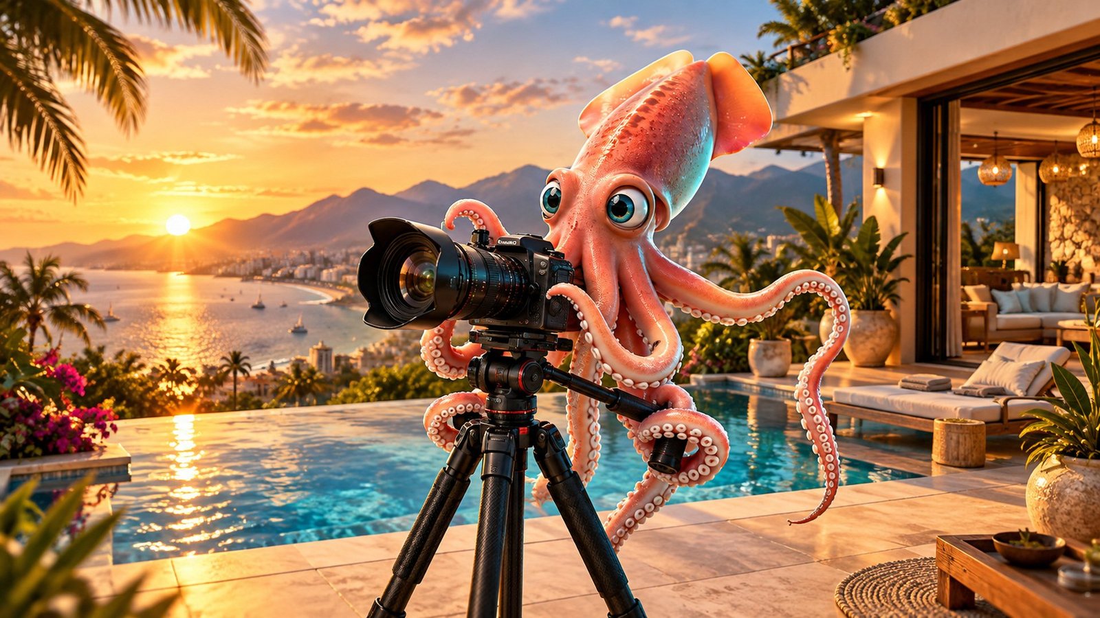 Calamar Agency, advertising agency in Puerto Vallarta: real estate photography and video for properties and hotels. Photos of villas, condos and developments overlooking Banderas Bay in Nuevo Vallarta and Riviera Nayarit. Squid with a camera on a terrace with an infinity pool at sunset.