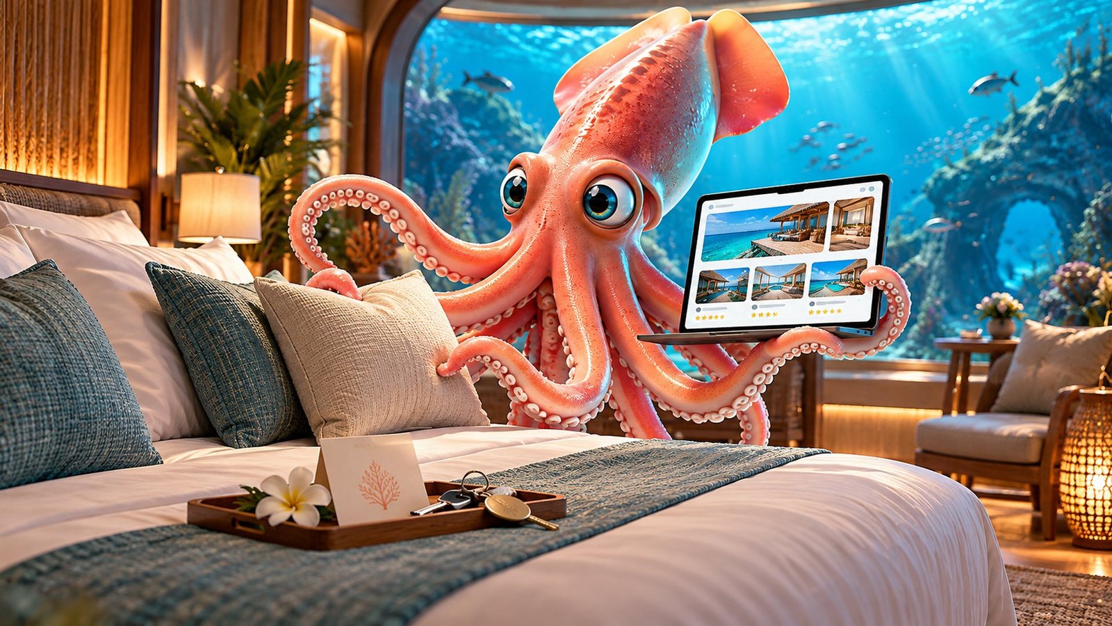 Calamar Agency, advertising agency in Puerto Vallarta: Airbnb photography, Booking listings and vacation rentals. Photos, bilingual descriptions and listing optimization for condos, villas and suites in Puerto Vallarta and Riviera Nayarit. Squid staging a boutique suite.