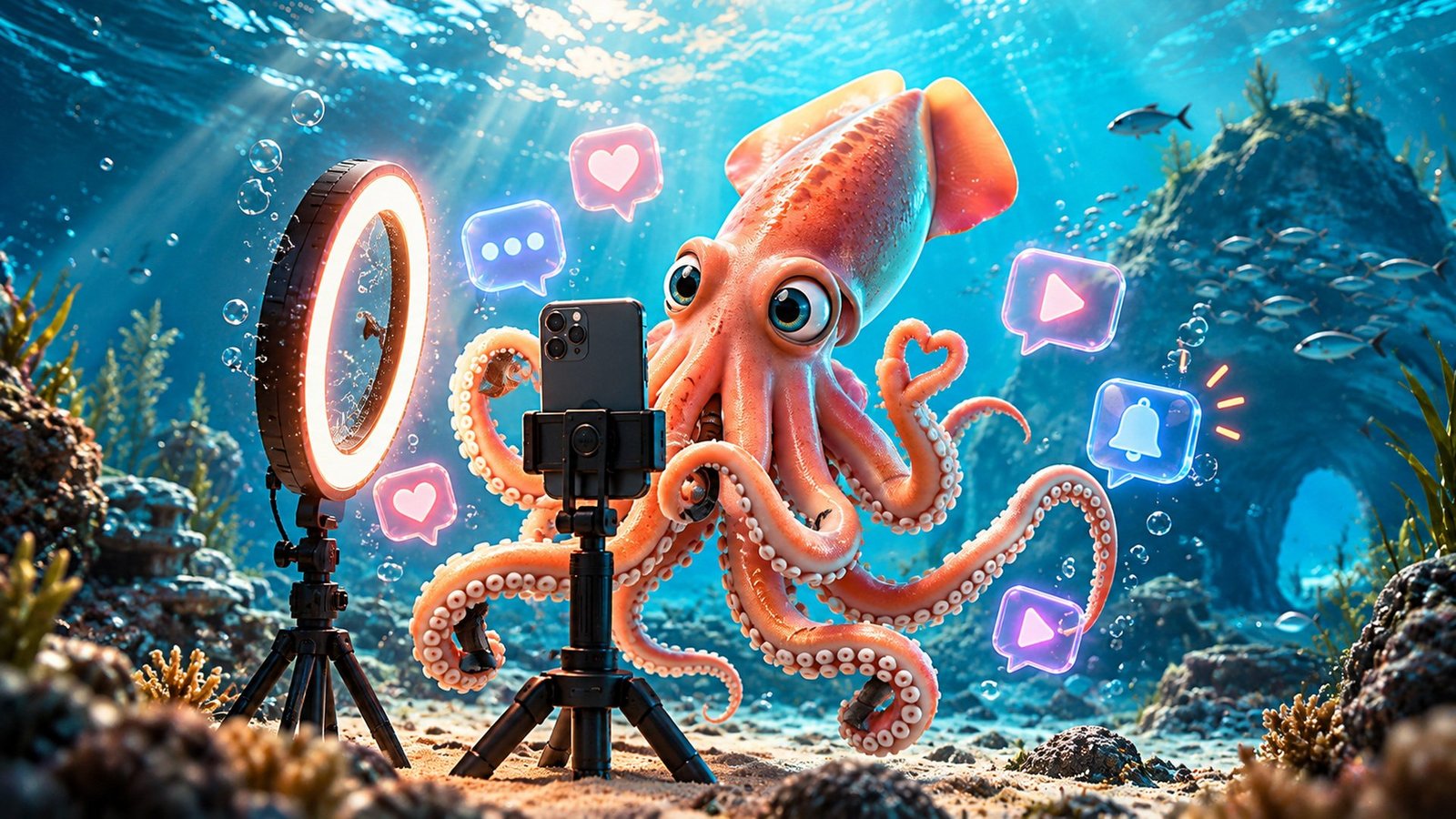 Calamar Agency, advertising agency in Puerto Vallarta: social media management and content creation. Reels, TikTok, Instagram and Facebook, community management and copywriting for businesses in Puerto Vallarta and Riviera Nayarit. Squid filming a reel with a ring light.