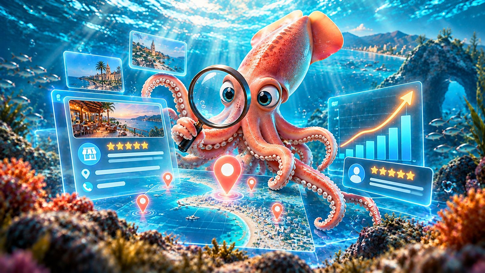 Calamar Agency, advertising agency in Puerto Vallarta: SEO and Google Business Profile optimization to rank at the top of Google and Google Maps, with reviews and local SEO in Puerto Vallarta and Riviera Nayarit. Squid with a magnifying glass reviewing search results.