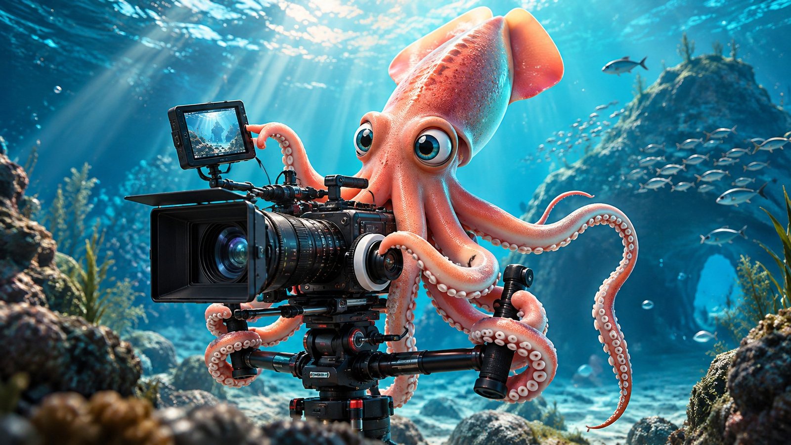 Calamar Agency, advertising agency in Puerto Vallarta, Mexico: professional video production. Corporate, commercial, promotional and social media videos for hotels, restaurants, developments and businesses in Riviera Nayarit. Squid filming with a cinema camera underwater.