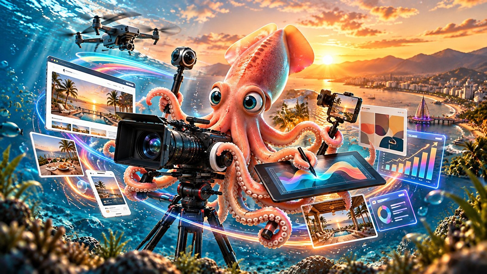 Calamar Agency, advertising agency in Puerto Vallarta: digital advertising and ad campaigns on Meta Ads (Facebook and Instagram) and Google Ads, with video, photo and design to win customers in Puerto Vallarta, Nuevo Vallarta and Riviera Nayarit. Squid producing a campaign.
