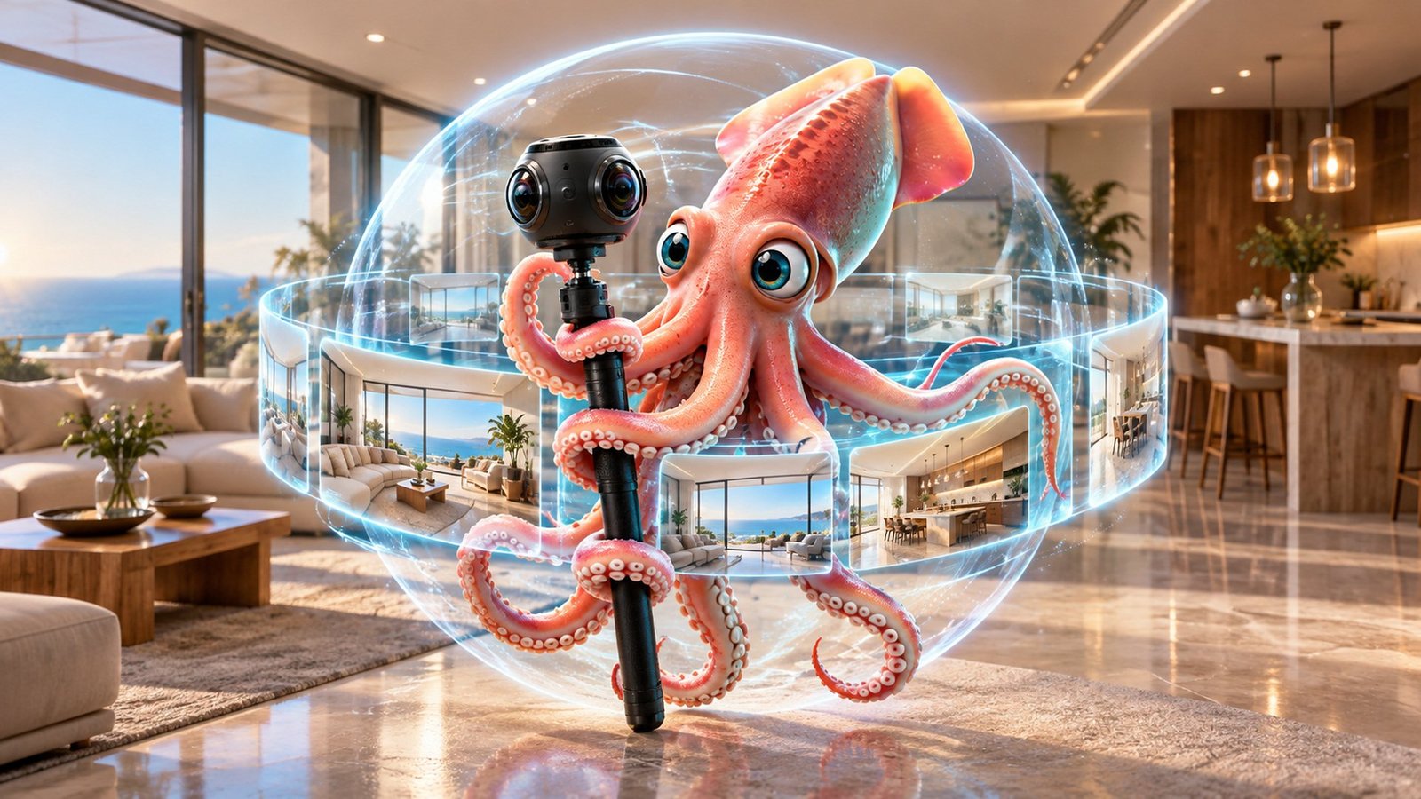 Calamar Agency, advertising agency in Puerto Vallarta: 360° virtual tours for properties, hotels, restaurants and businesses, compatible with Google Street View in Puerto Vallarta and Riviera Nayarit. Squid with a 360 camera inside a luxury living room.