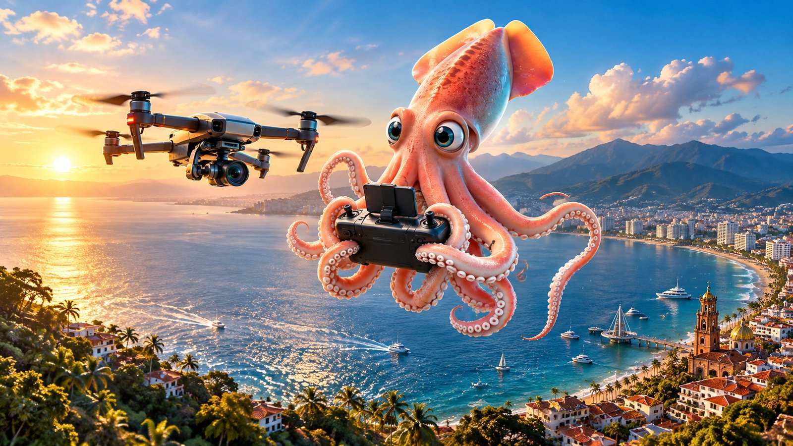 Calamar Agency, advertising agency in Puerto Vallarta: drone aerial footage, professional aerial video and photography for hotels, real estate, events and tourism in Puerto Vallarta, Nuevo Vallarta and Riviera Nayarit. Squid flying a drone over Banderas Bay.